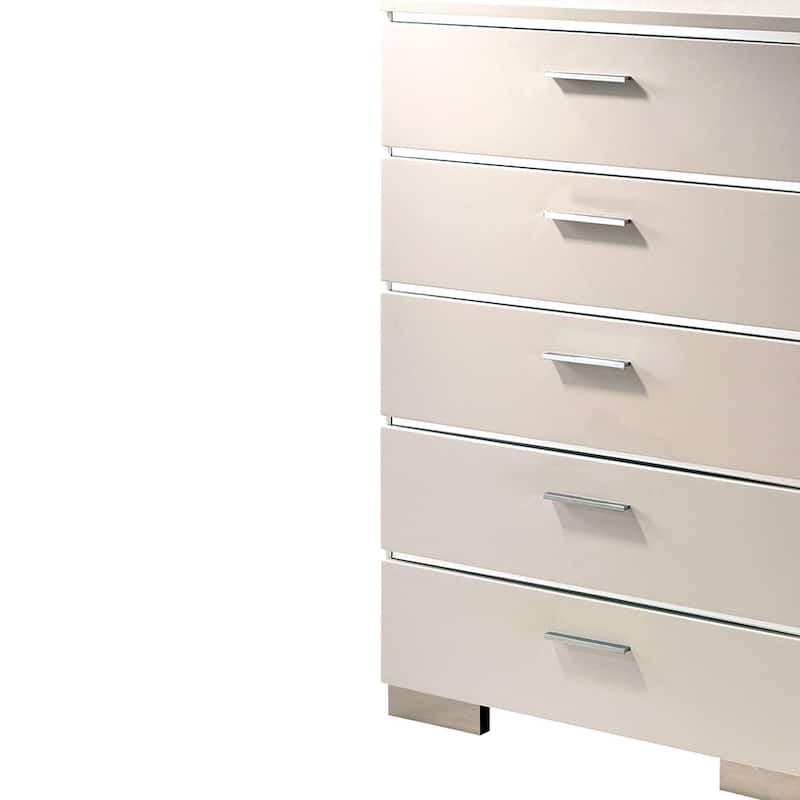 Wood and Metal Chest with 5 Drawers and Block Legs, White and Silver