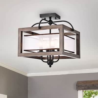 Alina Antique Black Metal Natural Wood Flush Mount with Fabric Shade