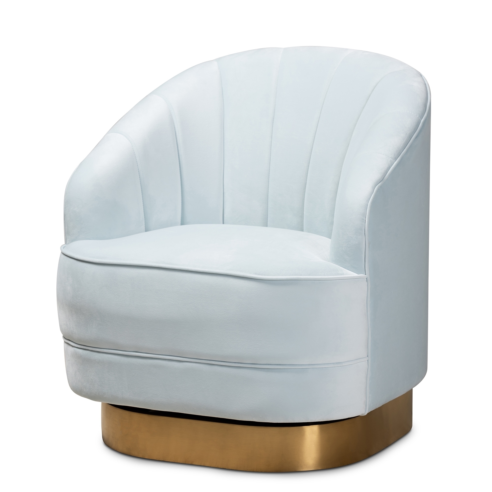 Light blue velvet rounded barrel chair with gold base