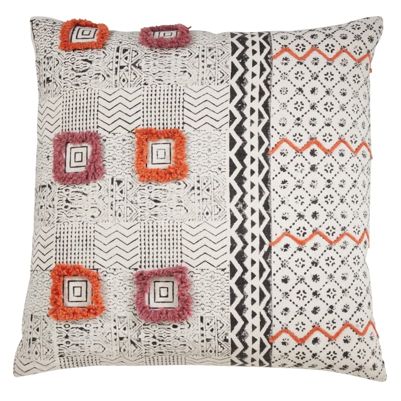 Cotton Pillow With Embroidered Block Print Design