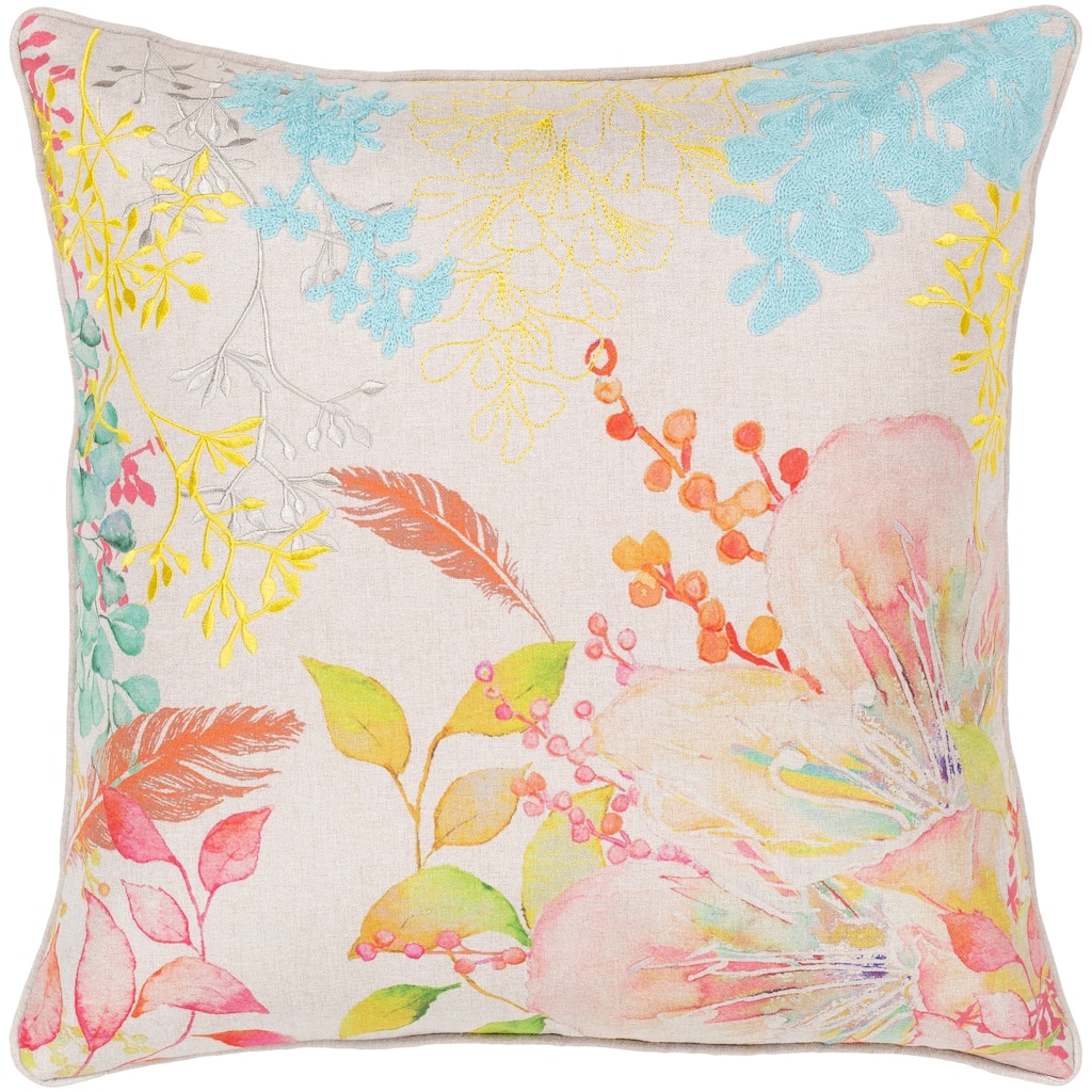 Fiore Embroidered Orange Floral 18-inch Poly or Feather Down Throw Pillow