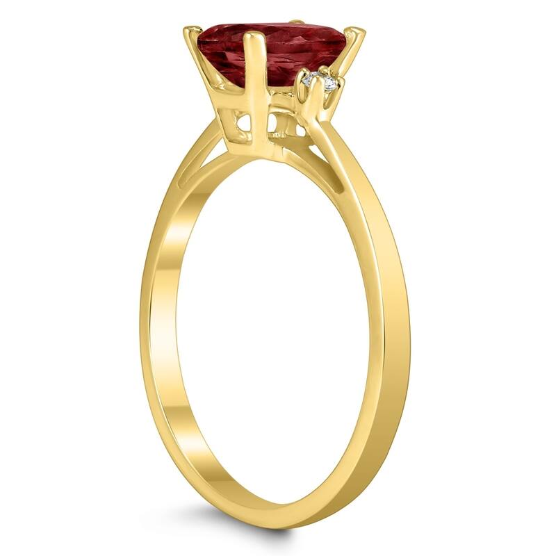 Emerald Cut 7X5MM Garnet and Diamond Three Stone Ring in 10K Yellow Gold