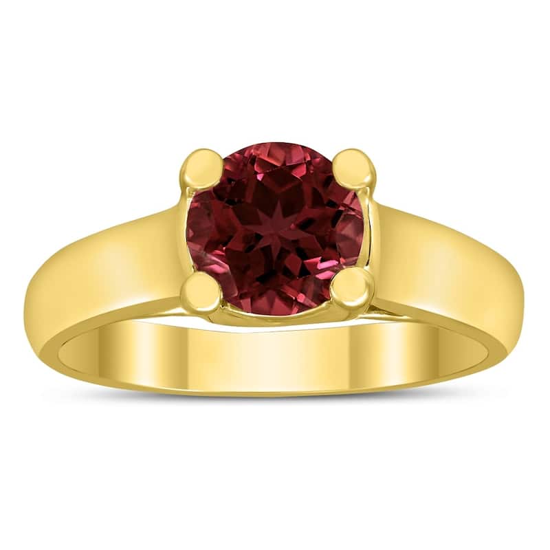 Round 7MM Garnet Cathedral Solitaire Ring in 10K Yellow Gold