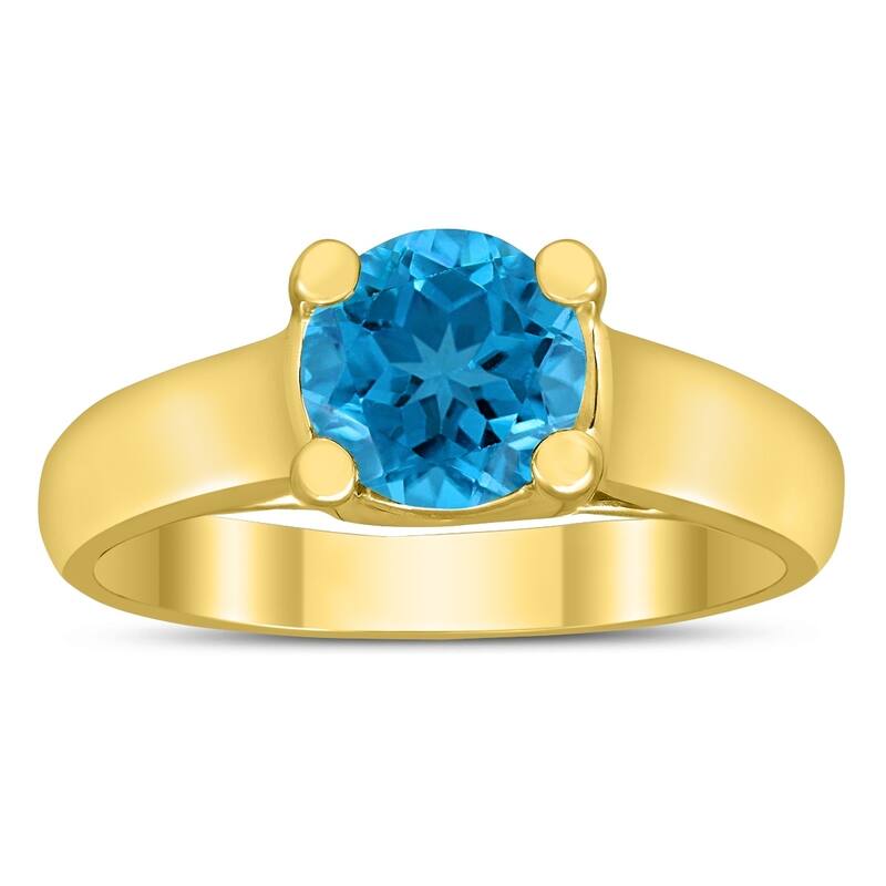 Round 7MM Blue Topaz Cathedral Solitaire Ring in 10K Yellow Gold