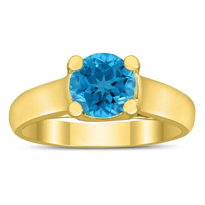 Round 7MM Blue Topaz Cathedral Solitaire Ring in 10K Yellow Gold