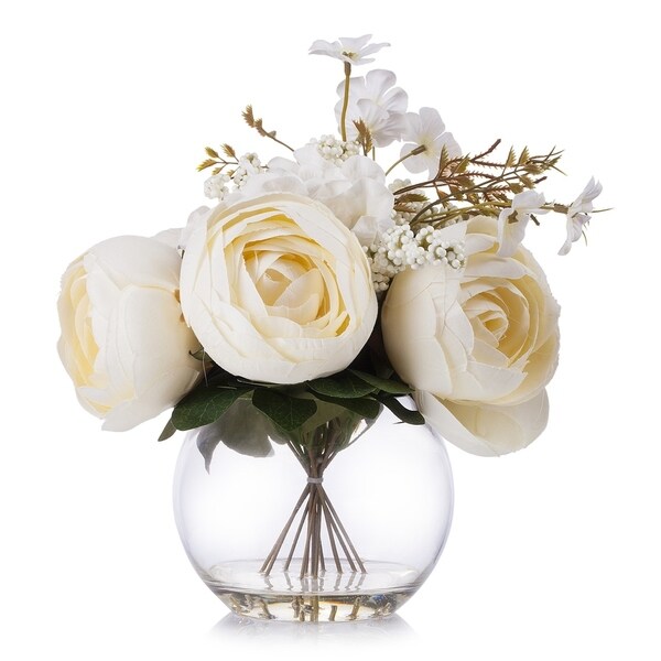 Enova Home Beige Silk Peony and Hydrangea Flower Arrangement in Clear Glass Vase With Faux Water For Home Decoration - N/A