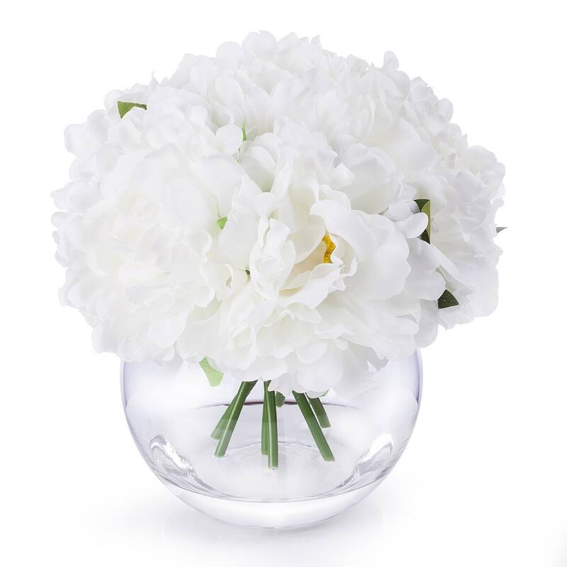 Enova Home White Artificial Silk Peony Fake Flowers Arrangement in Clear Glass Vase with Faux Water for Home Decoration - N/A