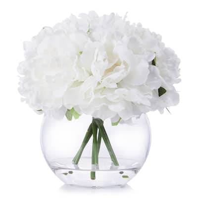 Enova Home White Artificial Silk Peony Fake Flowers Arrangement in Clear Glass Vase with Faux Water for Home Decoration - N/A