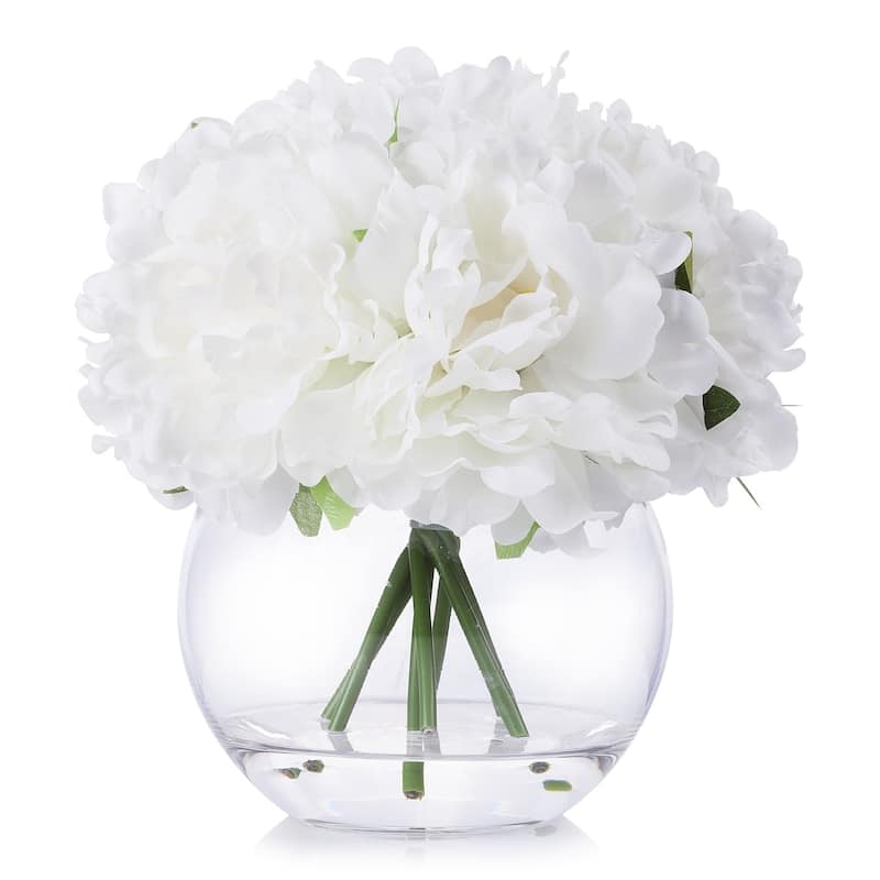 Enova Home White Artificial Silk Peony Fake Flowers Arrangement in Clear Glass Vase with Faux