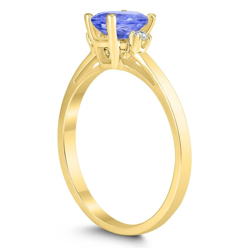 Emerald Cut 6X4MM Tanzanite and Diamond Three Stone Ring in 10K Yellow Gold