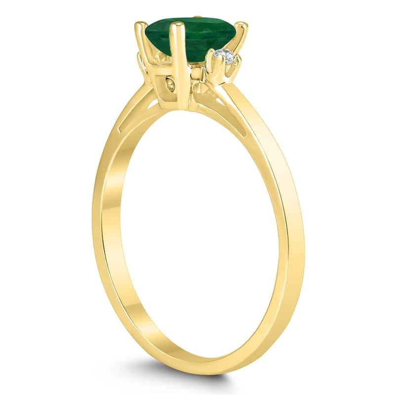Emerald Cut 6X4MM Emerald and Diamond Three Stone Ring in 10K Yellow Gold