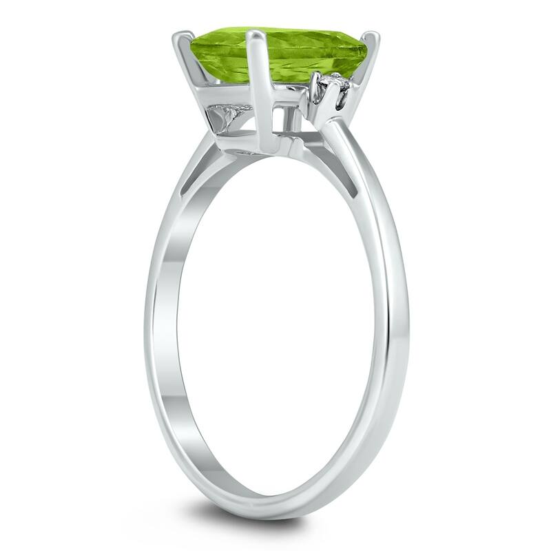 Emerald Cut 8X6MM Peridot and Diamond Three Stone Ring in 10K White Gold