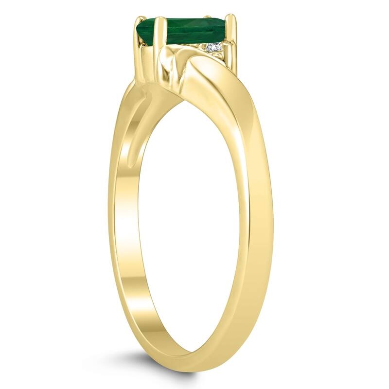 6X4MM Emerald and Diamond Wave Ring in 10K Yellow Gold