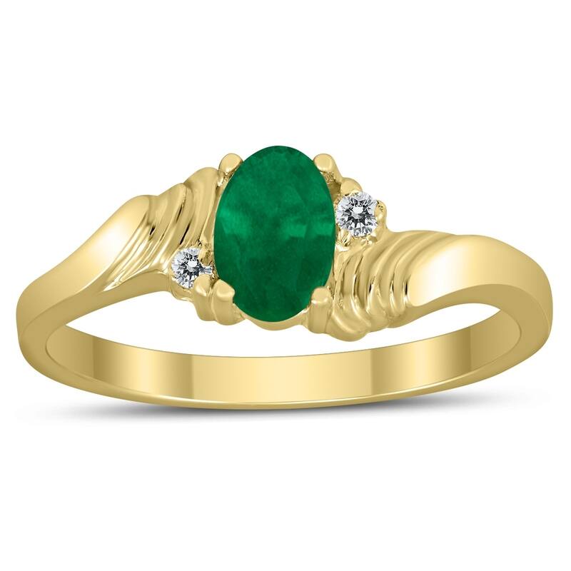 6X4MM Emerald and Diamond Wave Ring in 10K Yellow Gold
