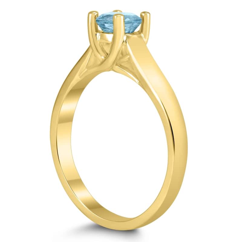 Round 5MM Aquamarine Cathedral Solitaire Ring in 10K Yellow Gold