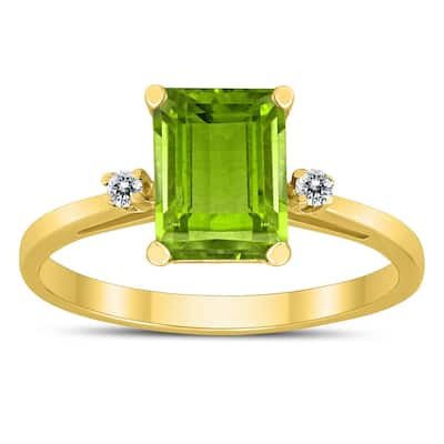 Emerald Cut 8X6MM Peridot and Diamond Three Stone Ring in 10K Yellow Gold