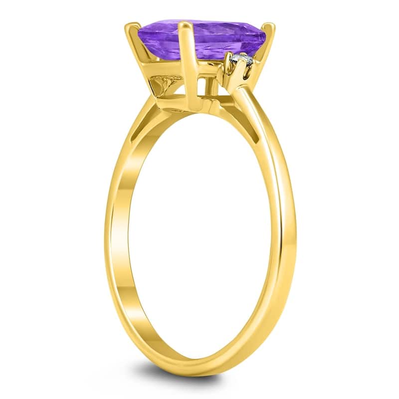 Emerald Cut 8X6MM Amethyst and Diamond Three Stone Ring in 10K Yellow Gold
