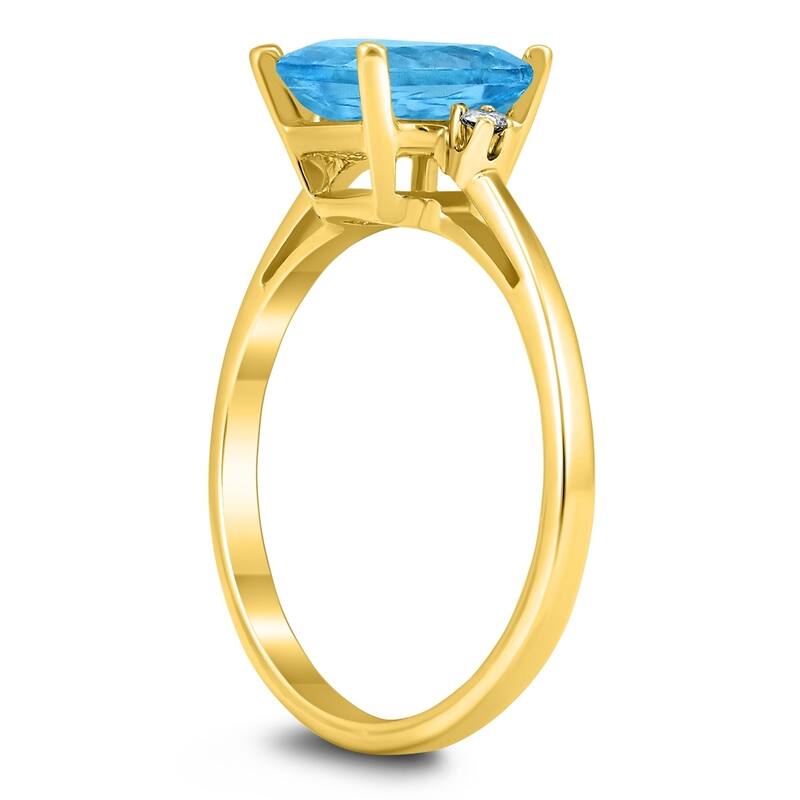 Emerald Cut 8X6MM Blue Topaz and Diamond Three Stone Ring in 10K Yellow Gold