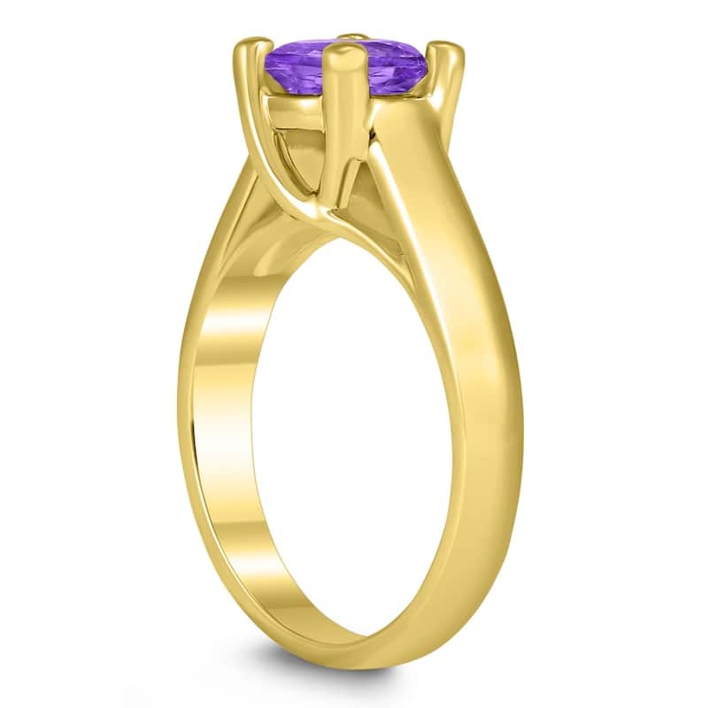 Round 7MM Amethyst Cathedral Solitaire Ring in 10K Yellow Gold