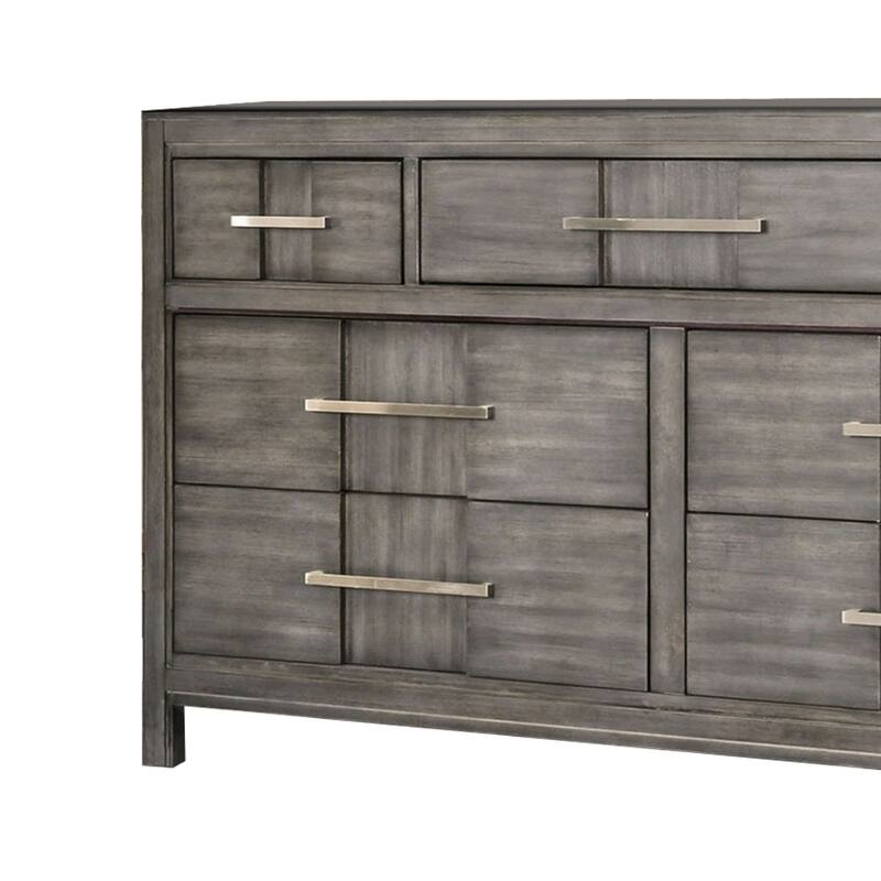 Wooden Dresser with 7 Drawers and Metal Pull, Gray and Silver