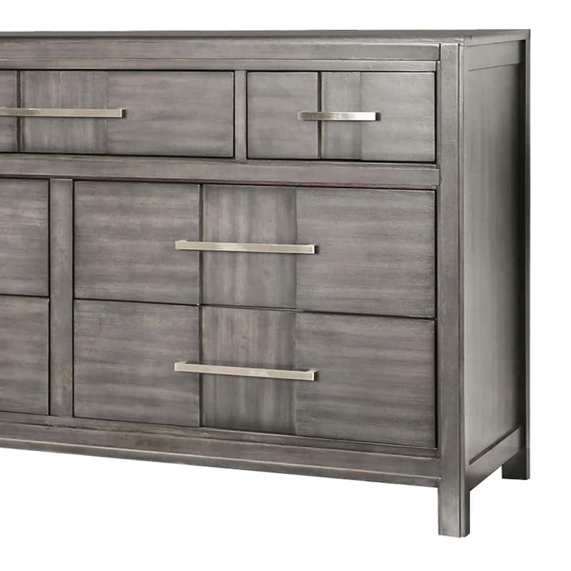 Wooden Dresser with 7 Drawers and Metal Pull, Gray and Silver