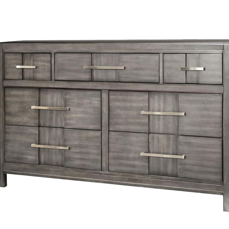Wooden Dresser with 7 Drawers and Metal Pull, Gray and Silver