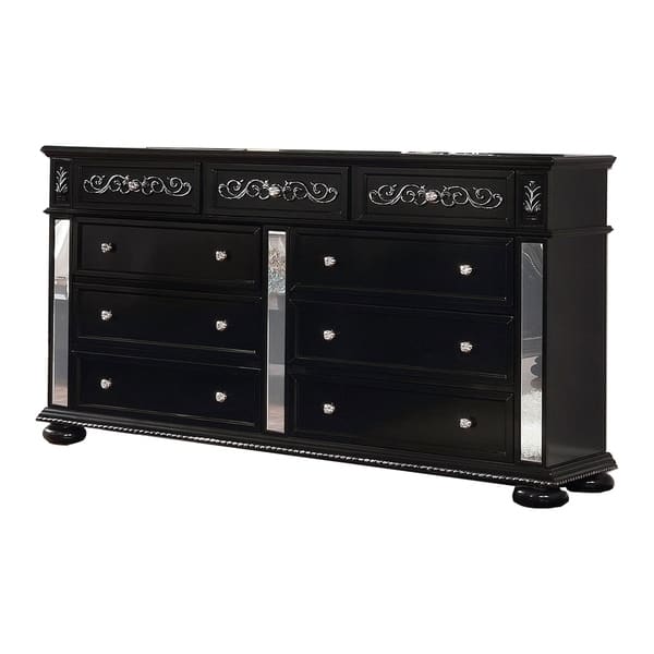 Wooden 9 Drawer Dresser with Mirror Inset and Bun Feet,Black and Clear ...
