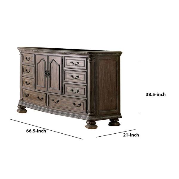 8 Drawers Wooden Dresser with and Carving Details, Brown Bed