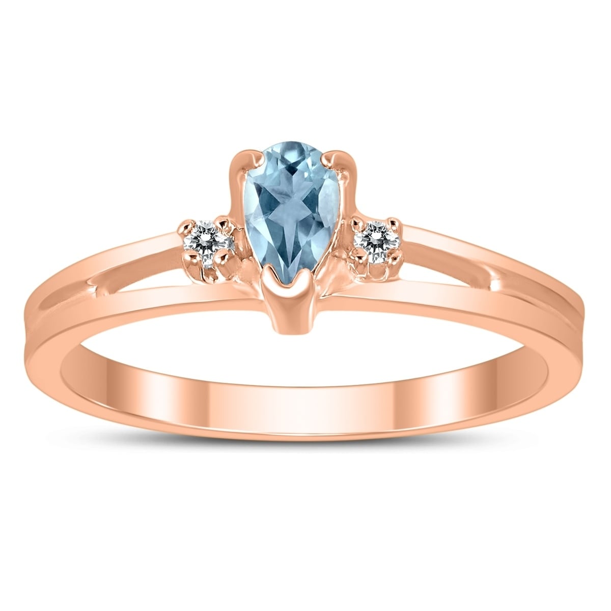 5X3MM Aquamarine and Diamond Pear Shaped Open Three Stone Ring in 10K Rose Gold