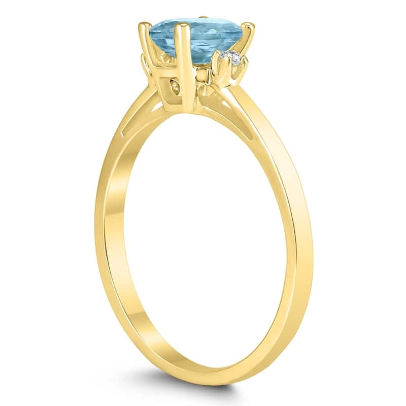 Emerald Cut 6X4MM Aquamarine and Diamond Three Stone Ring in 10K Yellow Gold