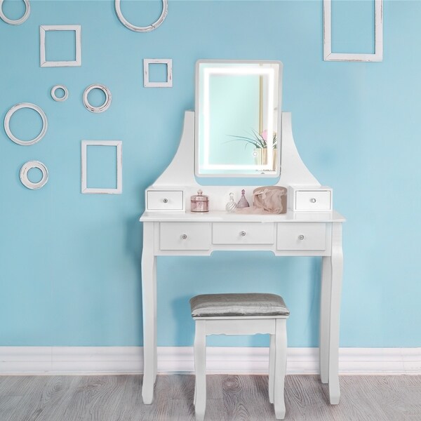 vanity with light up mirror and stool