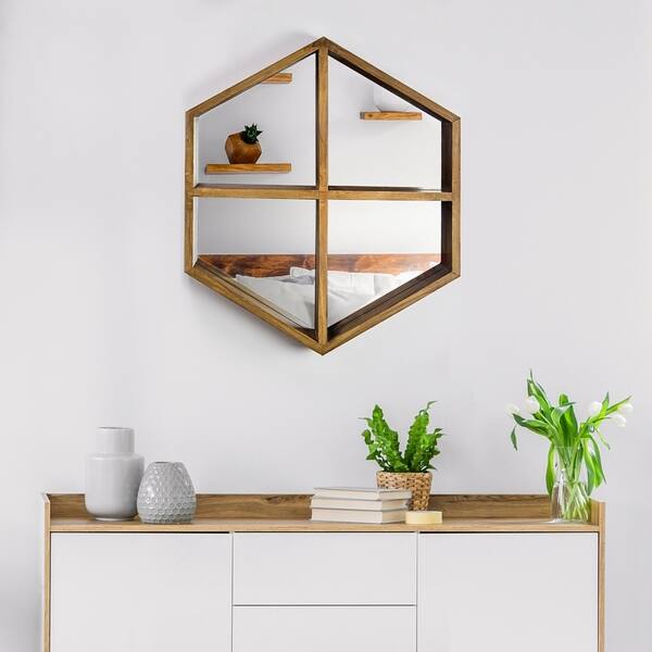 Shop Hexagon Wood Wall Mirror With Storage Shelves 28 X 24