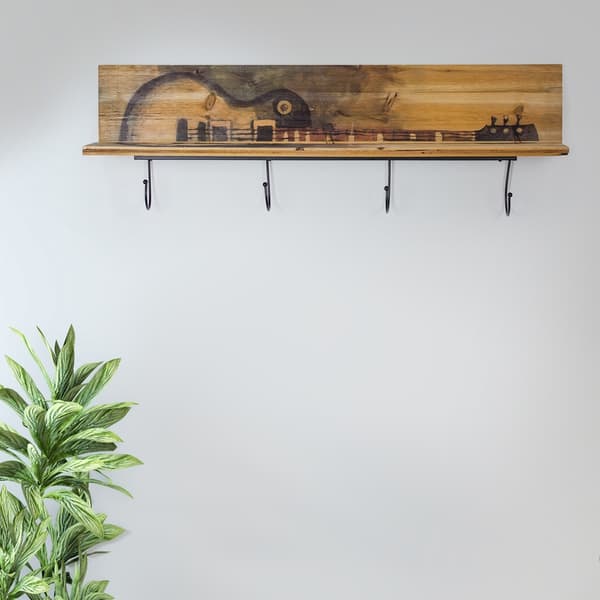 Carbon Loft Zhiev Rustic Wood Wall Shelf With 4 Metal Hooks On Sale Overstock 29804649