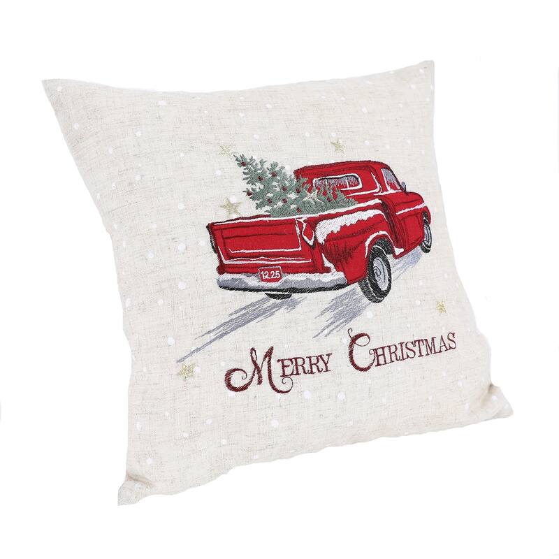 Merry Christmas Truck Embroidered Pillow 14 by 14-Inch