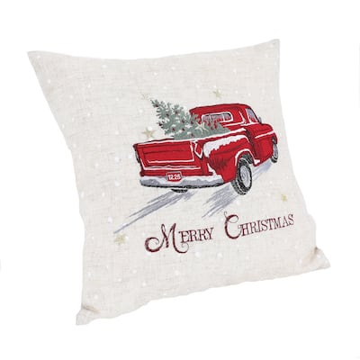 Merry Christmas Truck Embroidered Pillow 14 by 14-Inch
