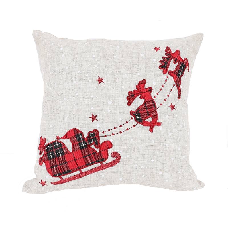 Applique Tartan Santa Sleigh With Reindeers Christmas Pillow 14"x14"