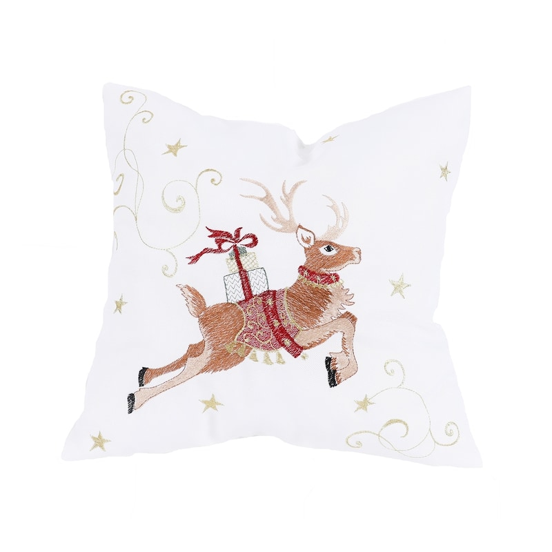 Reindeer With Gifts Embroidered Christmas Pillow 14"x14"