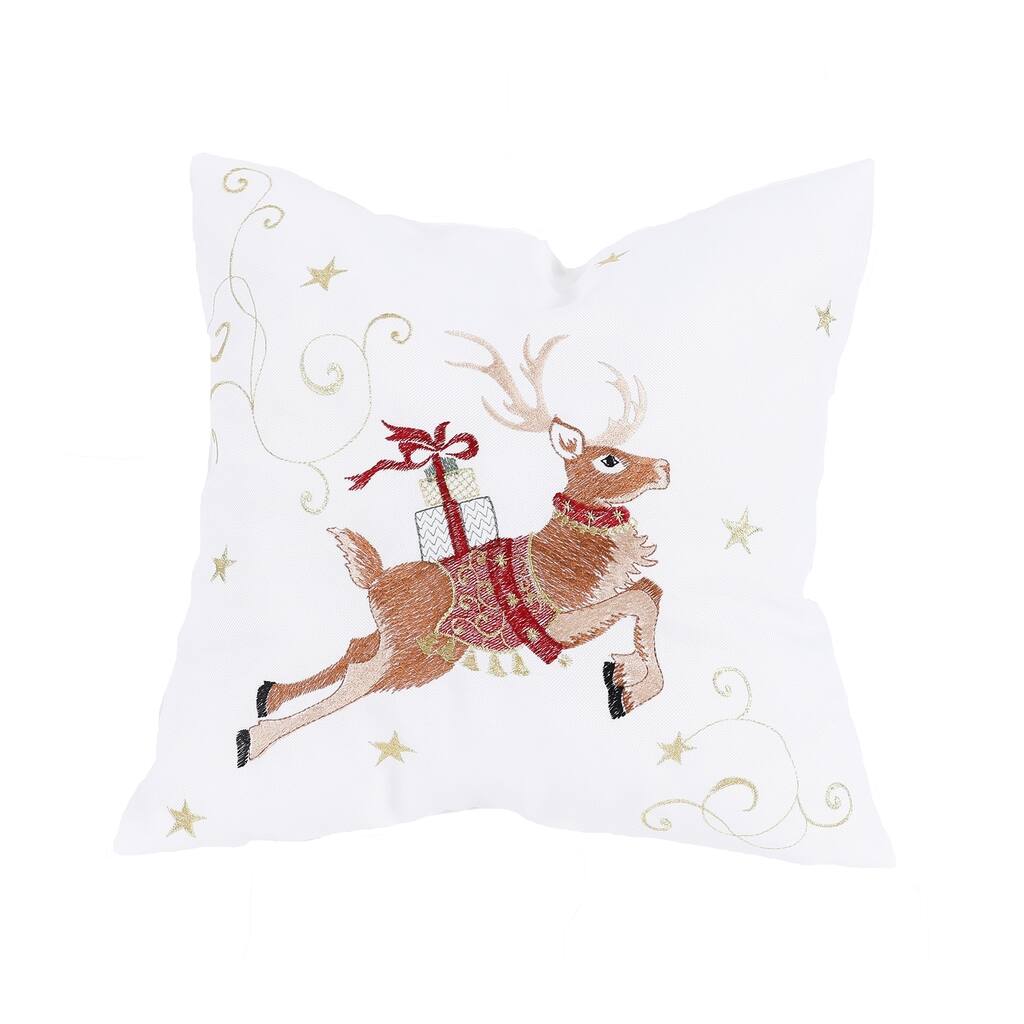 Reindeer With Gifts Embroidered Christmas Pillow 14"x14"