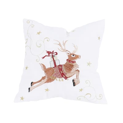 Reindeer with Gifts Embroidered Christmas Pillow 14"x14"