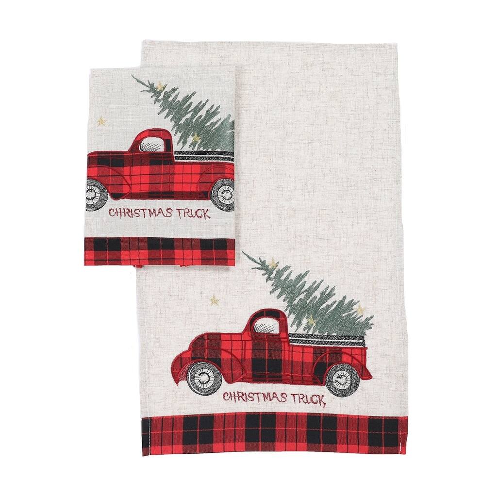 Vintage Tartan Truck Christmas Decorative Towels 14"x22", Set of 2 - Natural/Red - 14"x22"