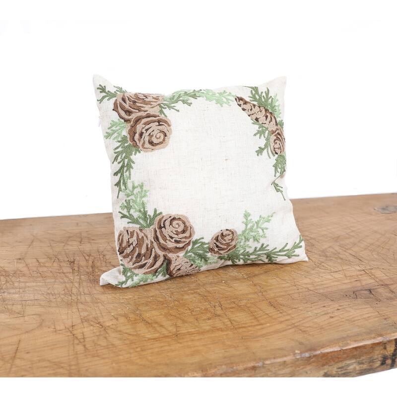 Winter Pine Cones & Branches Crewel Embroidered Pillow 14"x14"