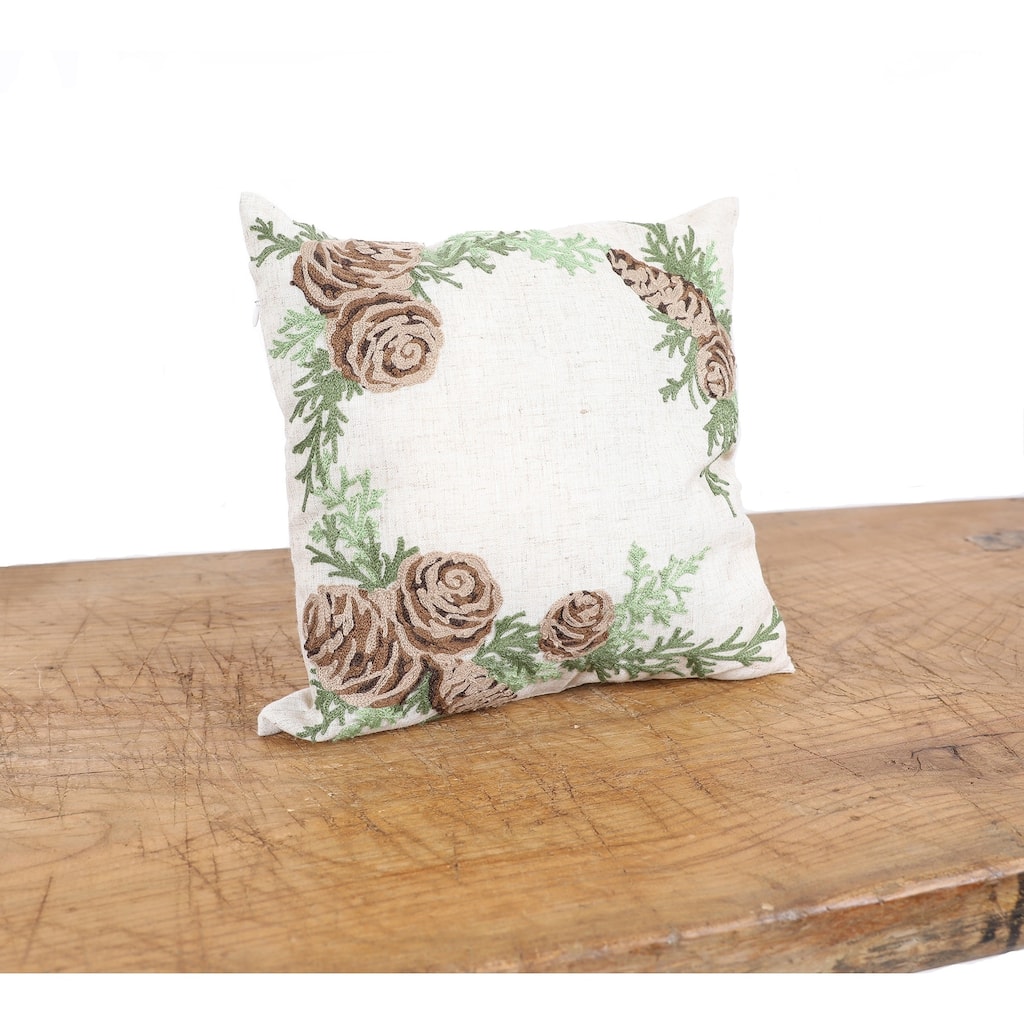 Winter Pine Cones & Branches Crewel Embroidered Pillow 14"x14"