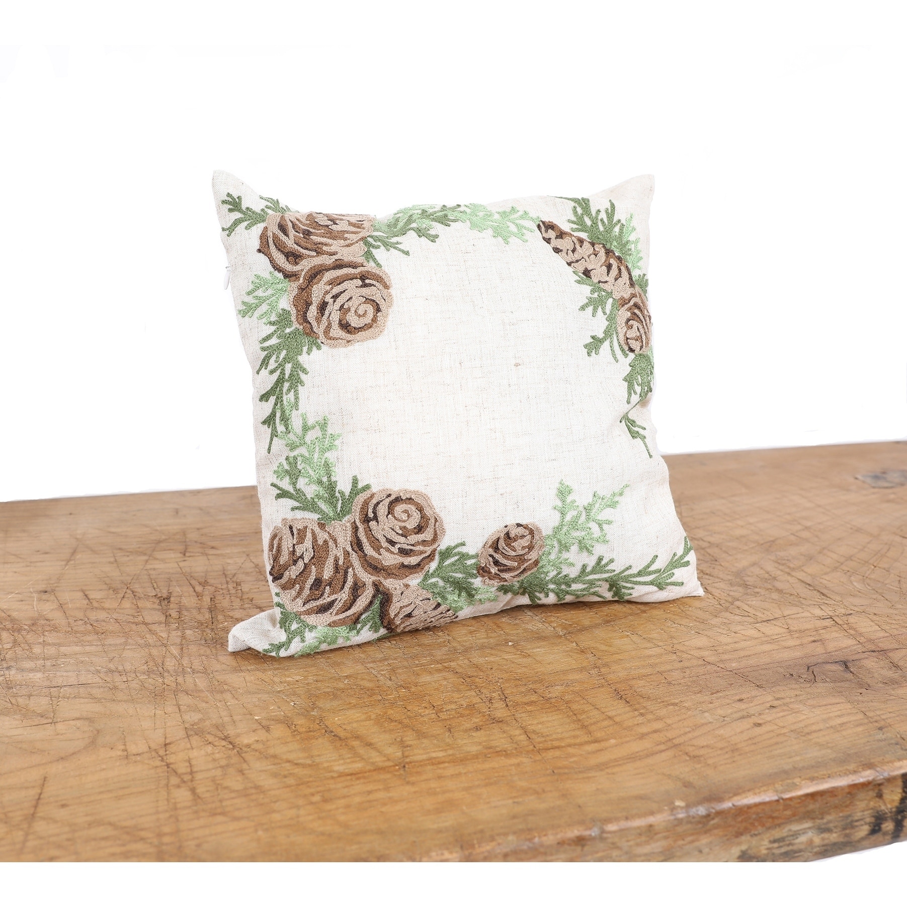 Winter Pine Cones & Branches Crewel Embroidered Pillow 14"x14"