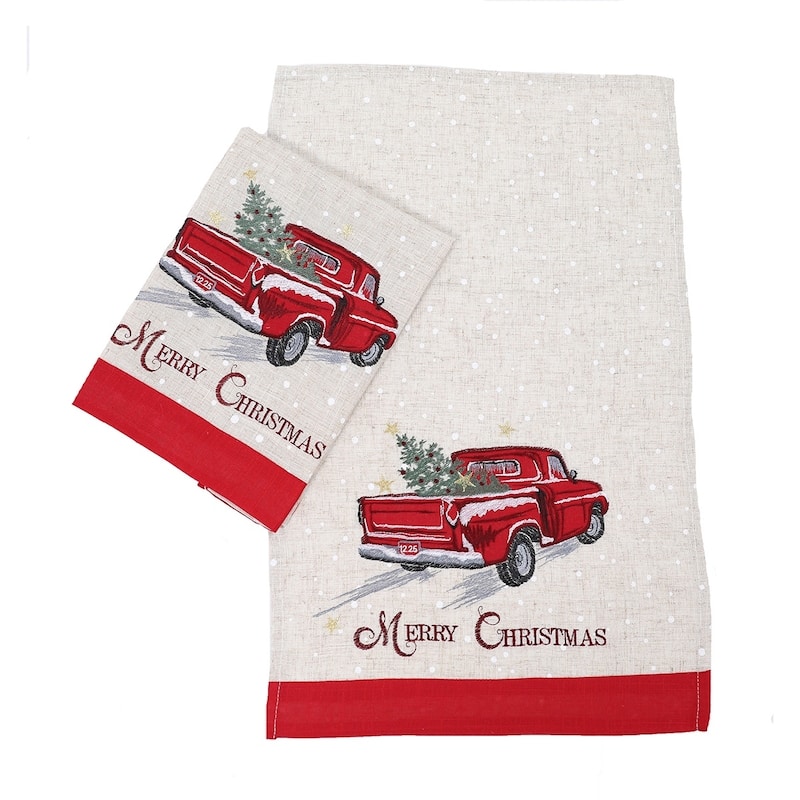 Merry Christmas Truck Decorative Towels 14"x22", Set of 2 - Natural - 14"x22"