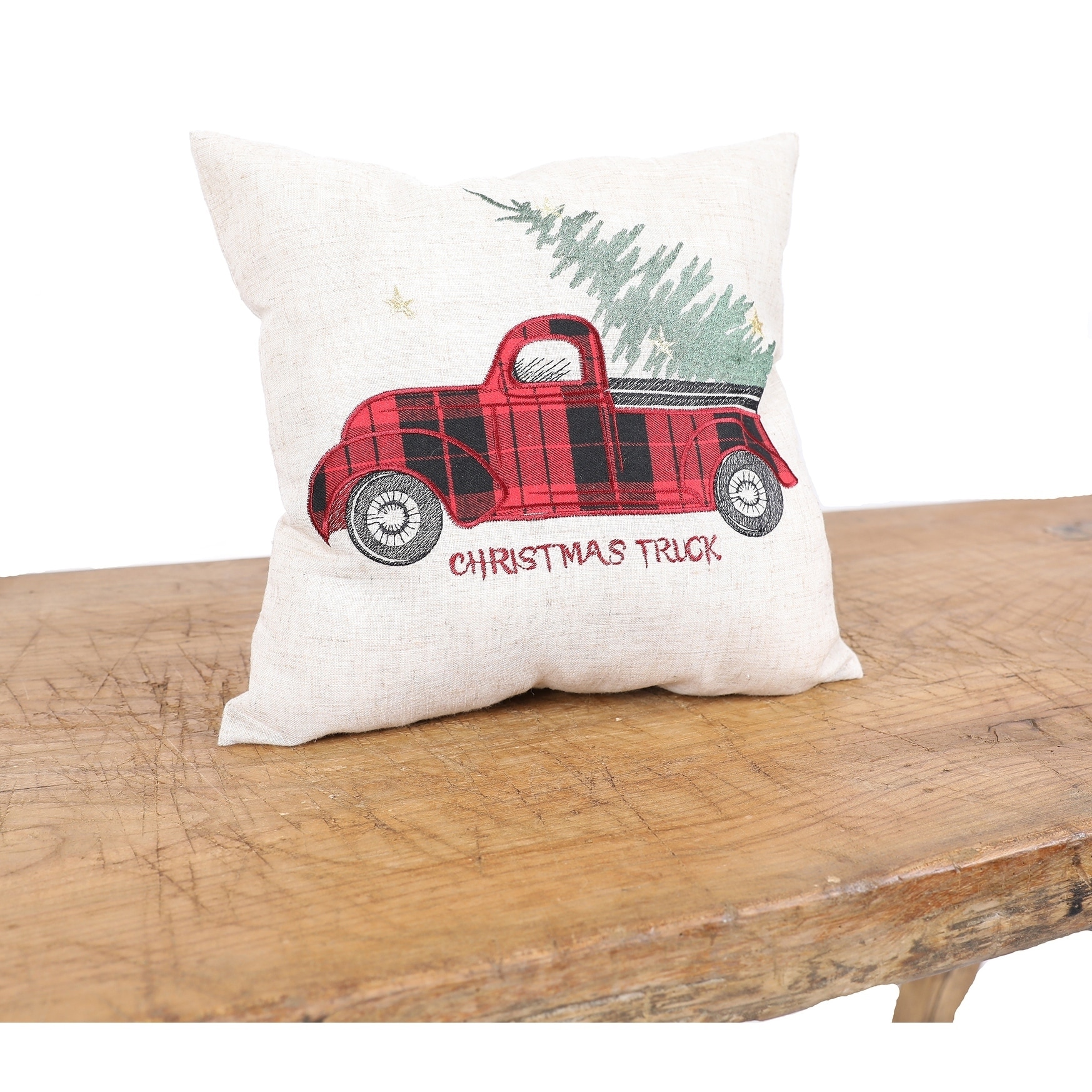 Vintage Tartan Truck With Christmas Tree Pillow 14 by 14-Inch