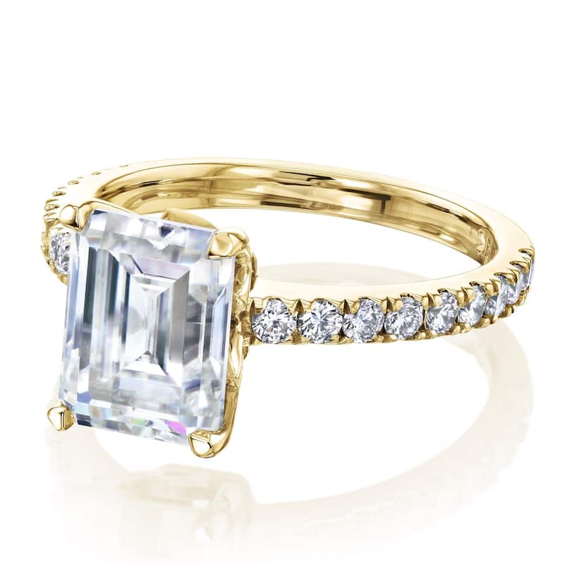 Annello by Kobelli 14k Gold 2-9/10ct TGW Forever One Emerald Moissanite and Diamond Tulip Head Engagement Ring