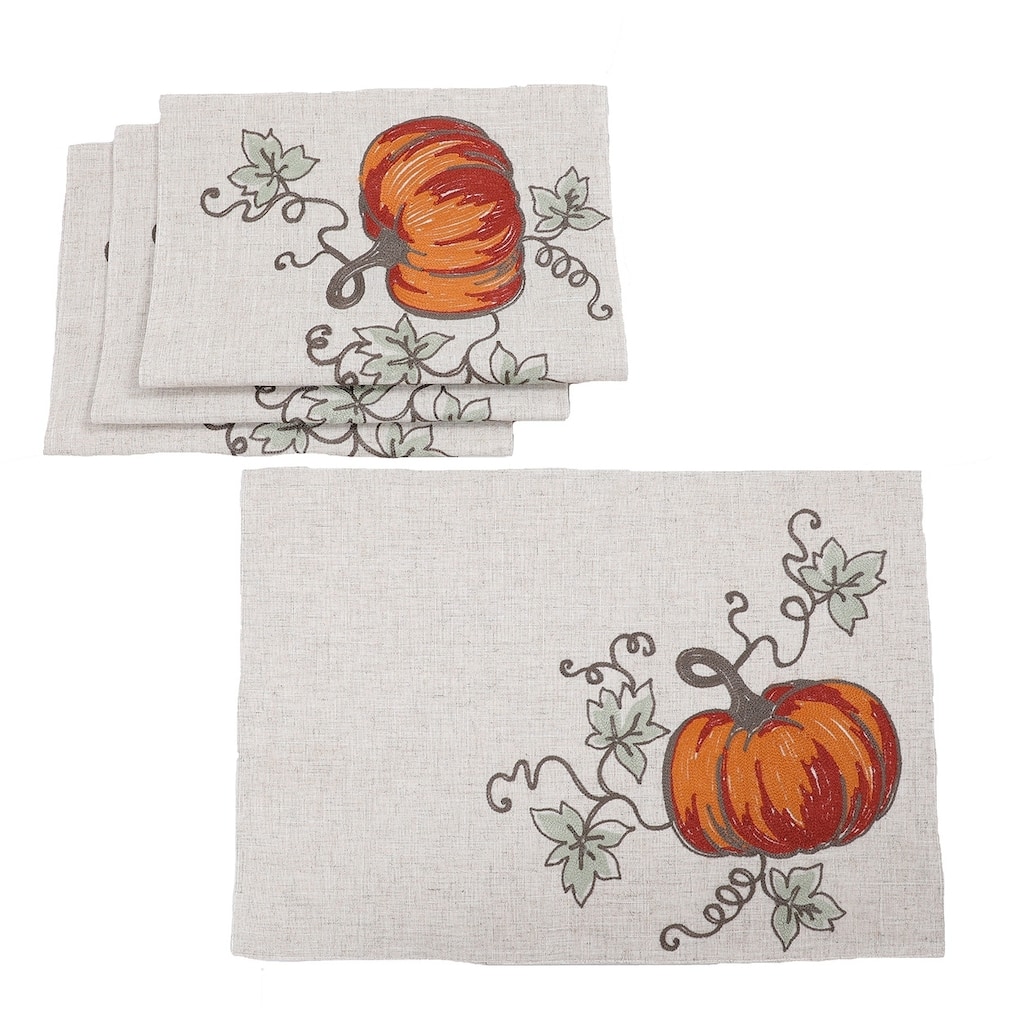 Rustic Pumpkin Crewel Embroidered Fall Placemats 14"x20", Set of 4
