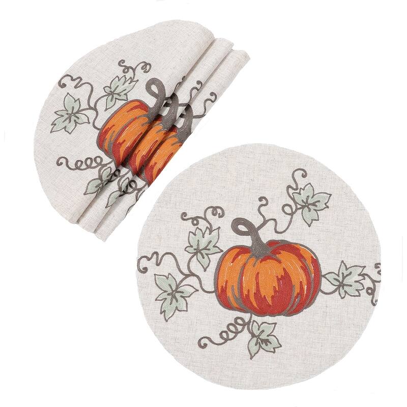 Rustic Pumpkin Crewel Embroidered Fall Placemats 14"x20", Set of 4 - 14"x20"
