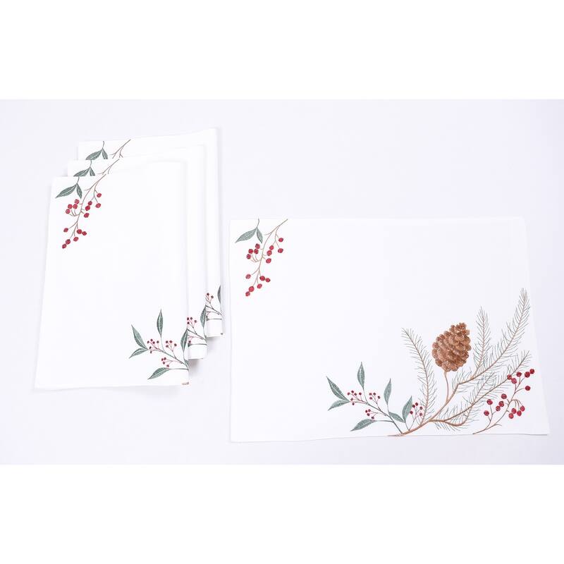 Pinecone And Berry Embroidered Christmas Placemats 14"x20", Set of 4