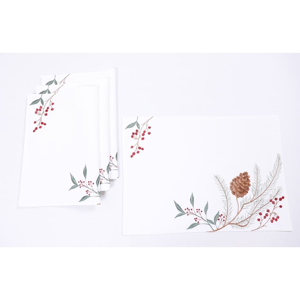 Pinecone And Berry Embroidered Christmas Placemats 14"x20", Set of 4